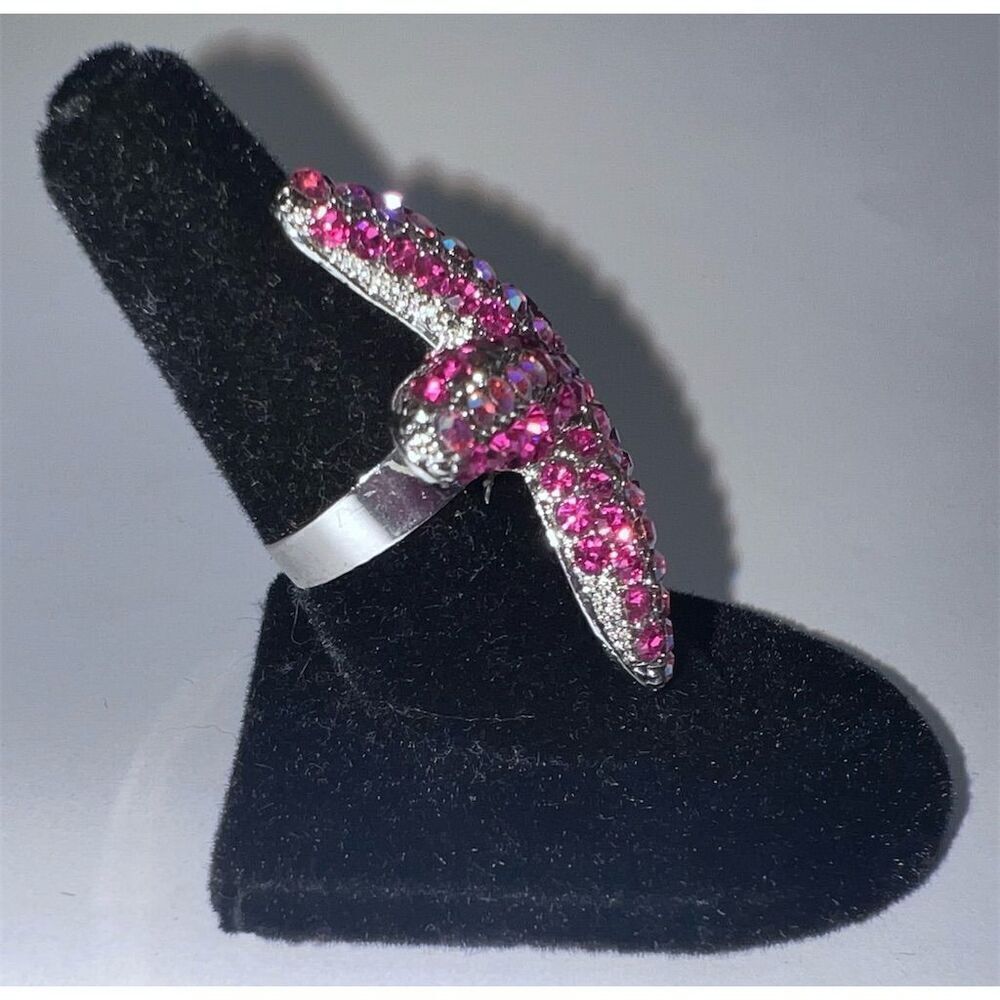 Neon Fuchsia Pink Crystal Starfish Adjustable Ring Ocean Theme - Picture 2 of 6